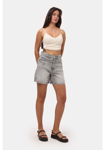 it's basic Kadın Füme T-4s6-12 Mom Relax Yıldız Detaylı Tasarım Denim Şort