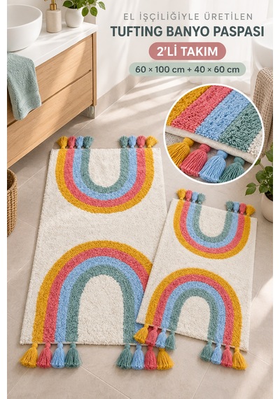 Alanur Bodrum Tufting Gökkuşaği Cotton Pamuklu El Işi Örgülü 2 Li Paspas Set Renkli