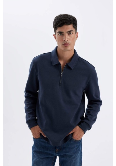 DeFacto Regular Fit Polo Yaka Yarım Fermuarlı Basic Düz Sweatshirt D2279AX24AUNV125 Lacivert