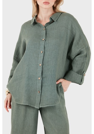 Via Dante % 100 Keten Oversize Yarı Transparan Gömlek Bayan Gömlek 7697 Haki