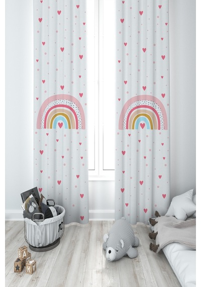 Mekta Home Bebek Ve Çocuk Odası Gökkuşağı Ve Kalp Desenli 2 Kanat Fon Perde