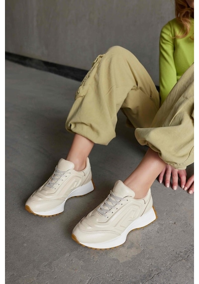 Hello Bej Hakiki Deri Kadın Sneaker-Bej