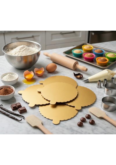 5 Adet Kulplu Sarı Yuvarlak Kalın Ekstra Dayanıklı Karton Pasta Altlığı 15 Cm Altın