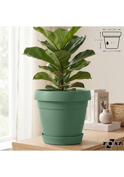 Tabaklı Delikli Plastik Çiçek Saksısı, 24 Cm 5.5 Lt, 1 Adet, Yeşil Diğer