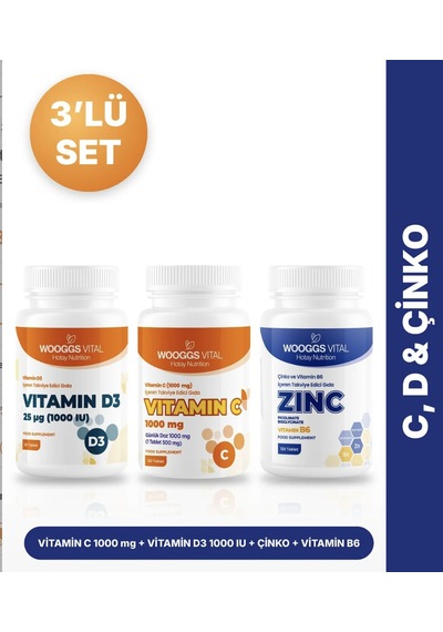 Hotay Nutrition Wooggs Vital Vitamin C 1000 Mg 120 Tablet + Vitamin D3 1000 Iu 60 Tablet + Çinko B6 120 Tablet 3'lü Set