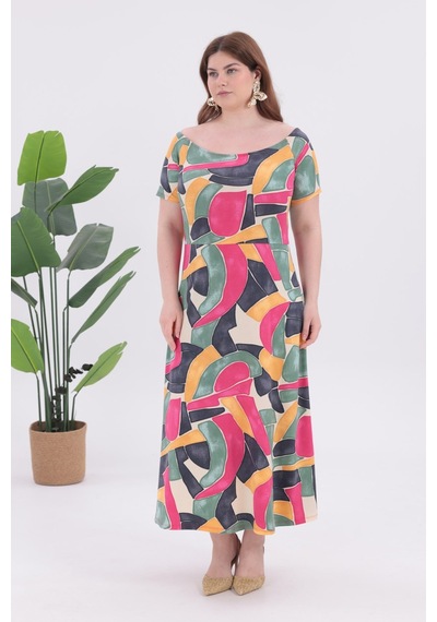 Madwilo Kadın Pembe Gri Geometrik Desen Kayık Yaka Kısa Kol Büyük Beden Esnek Maxi Elbise