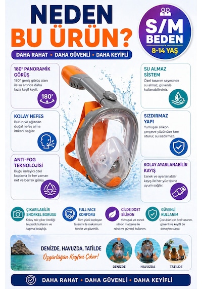 Turuncu Gri Full Face Şnorkel Maske S/m Beden 8-14 Yaş Çocuk Tam Yüz Dalış Seti Katlanabilir