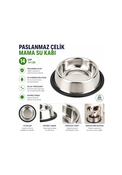 Paslanmaz Çelik Kedi Köpek Mama Ve Su Kabı 14 Cm Kaymaz Tabanlı Bpa İçermez