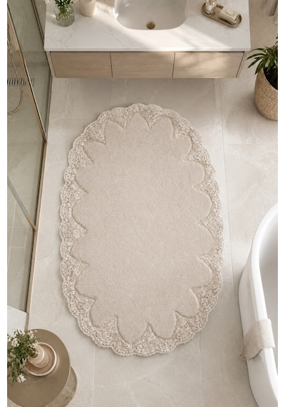 Vizon İşlemeli Kaymaz Taban Banyo Paspası Güpürlü Yıkanabilir Banyo Takımı Akira Beyaz