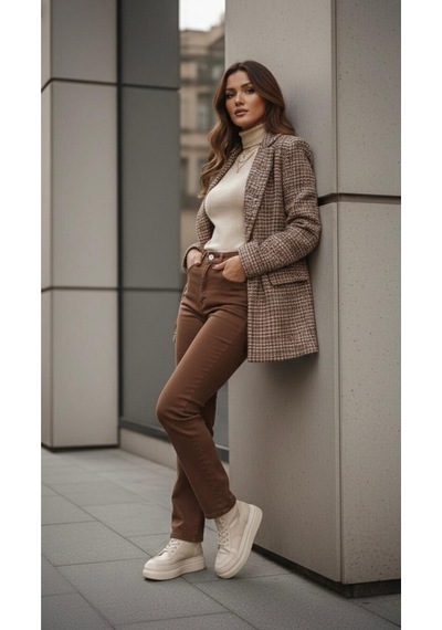 Kesik Paça Yüksek Bel Mom Jean Kahverengi Kahverengi