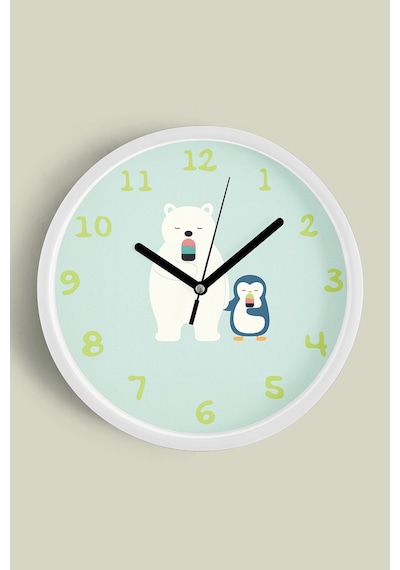 Ayı İle Penguen Çocuk Odası Modern Duvar Saati - 25cm - Önü Camlı Beyaz Kasa - Sessiz Mekanizma-jh0607 Beyaz
