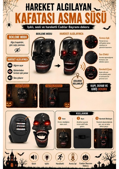 Hareket Sensörlü Işıklı Sesli Kafatası Asma Süsü Hareketli Çeneli Halloween Cadılar Bayramı Dekoru