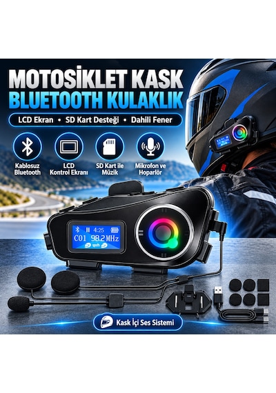 Q58 Motorsikletler İçin Fener Özellikli Sd Kart Bölümlü Lcd Ekranlı Kablosuz Bluetooth Kulaklıklı Suya Daya Diğer