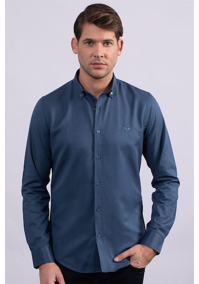 Tudors Slim Fit Dar Kesim Uzun Kol Erkek Gömlek-23462 Petrol