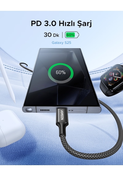 Ugreen USB-C 60W 3A QC PD Örgülü Hızlı Şarj Kablosu 1 M Siyah 35254