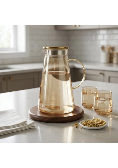 Deconox Borosilikat Cam Sürahi 1.9 Litre - Isıya Dayanıklı, Gold Renk Luster Boyalı Ve Paslanmaz Çelik Süzgeçli
