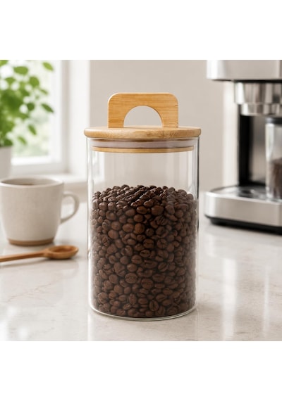 900 Ml Bambu Kapaklı Yuvarlak Cam Kavanoz, 10 Cm Çap 15 Cm Yükseklik, Contalı Kulplu Şeffaf Erzak Ve Kuru Gıda Saklama Kabı, Kahve Çay Şeker Bakliyat İçin Çok Renkli