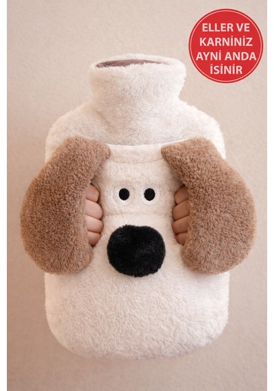 Beyaz Gromit Figürlü Eldivenli Sıcak Su Torbası Peluş Kılıflı, Karın El Isıtıcı Renkli