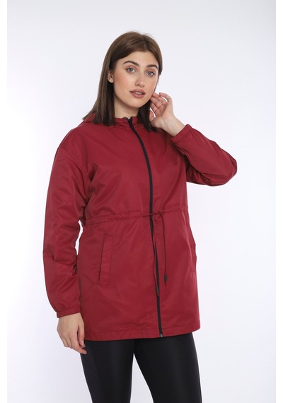 Escetic Kadın Bordo File Astarlı Cepli Kapüşonlu Spor Rüzgarlık Yagmurluk İnce Ceket 6723-3720-bordo Bordo