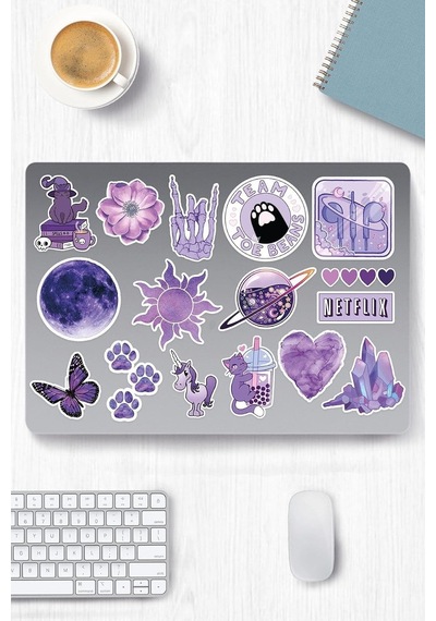 Lexroo Purple Aesthetic Temalı Sticker Etiket Seti 1 - Mor Sticker - Laptop Notebook Telefon