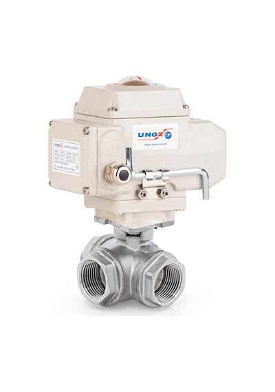 Unox Dn25 - 1" 220 V Ac Elektrikli Aktüatörlü Dişli Küresel Vana 3 Yollu L Port