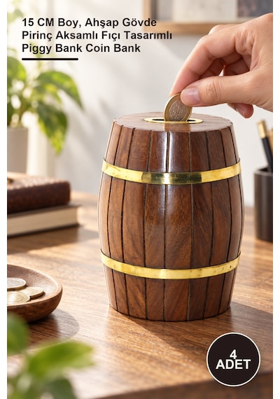 4 Adet Pirinç Ahşap Fıçı Kumbara 15 Cm Boy, Ahşap Gövde Pirinç Aksamlı Fıçı Tasarımlı Piggy Bank Coin Bank