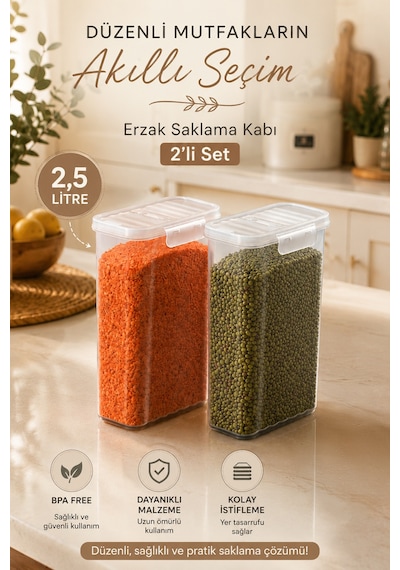 Porsima L-00895-2 2'li Erzak Saklama Kabı Seti Hava Geçirmez Kapaklı,düzenleyici Mutfak Saklama Kabı,tablet Toz Deterjan Saklama Kabı 2,5 Litre Şeffaf Seffaf