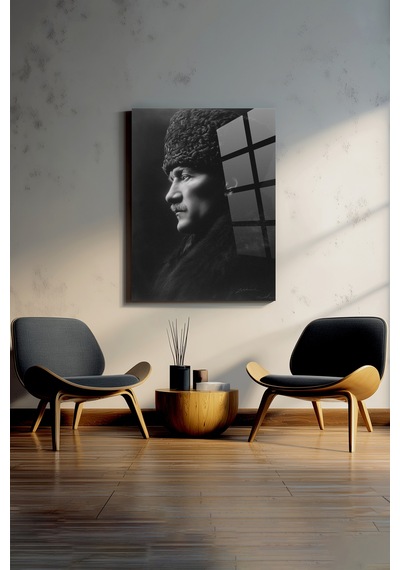 Atatürk - Siyah Beyaz Dikey Duvar Dekoratif Cam Tablo - Mustafa Kemal Portre Kırılmaz Temperli Klasik Ofis Salon Koridor Uv Baskılı Hediyelik