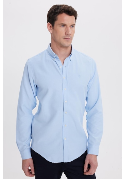 Tudors Erkek Slim Fit Dar Kesim Düz Oxford Armalı Yaka Düğmeli Mavi Spor Gömlek-42011 Mavi