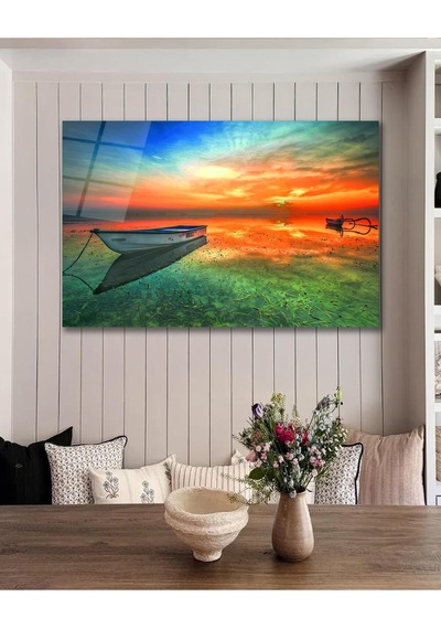 Kayık Göl Manzara Cam Tablo Modern Ev Ofis Salon Hediyelik Büyük Tablo Duvar Dekoru