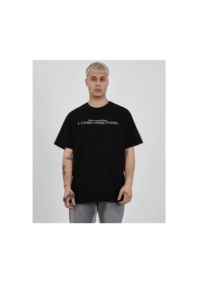 Erkek Bisiklet Yaka Tişort Baskılı Oversize Kısa Kol T-shirt - Siyah