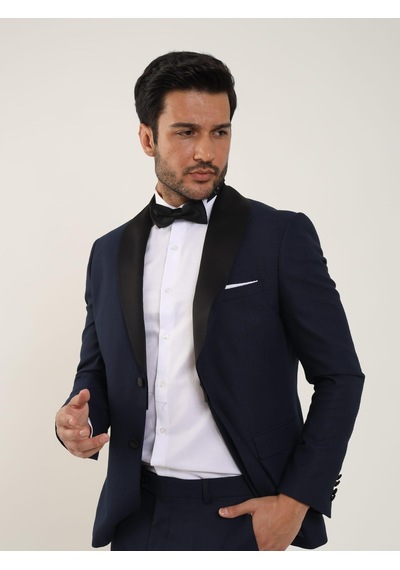 Dufy Lacivert Erkek Slim Fit Düz Sivri Yaka Smokin Takım - 84192-Lacivert