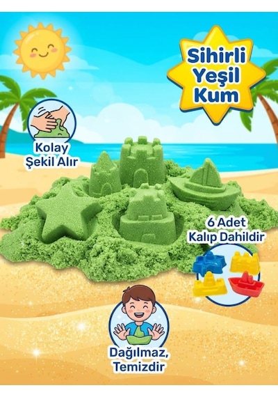 6 Kalıp Hediyeli Kinetik Oyun Kumu Kolay Temizlenen Parlak Kurumayan Güvenli Eğitici Oyuncak Kum Yeşil