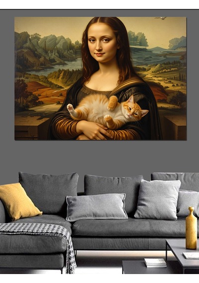 Kedi Tutan Mona Lisa Versiyonu Dekoratif Kanvas - Mdf Ahşap Tablo