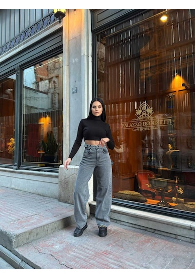 Kene Jeans Füme Yan Tokali Geniş Kesim Baggy Bol Paça Kot Jeans Pantolon Füme