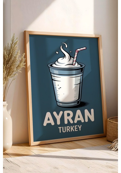 Ayran Tablo - Retro İçecek İllüstrasyon Poster - Türkiye Mutfak Kültürü Serisi - Çerçeve Duvar Dekor Kayın