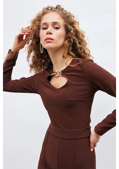 Sateen Zincir Detaylı Bluz - Kahve-132892