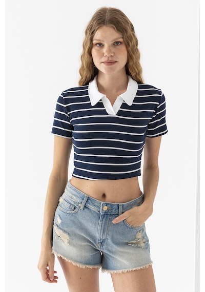 Giysa Kadın Polo Yaka Çizgili Pamuklu T-shirt Lacivert Beyaz - 25795 Lacivert - Beyaz