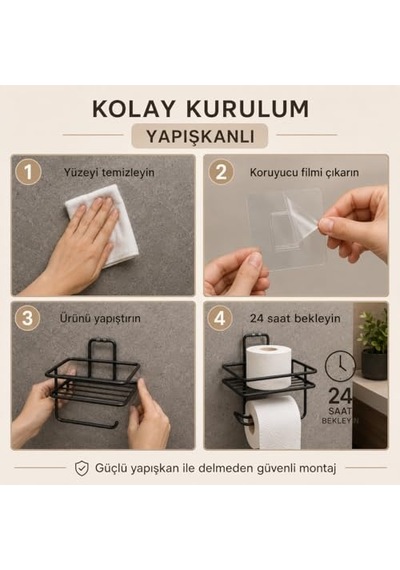 Yapışkanlı Raflı Tuvalet Kağıtlığı - Mat Siyah Metal Paslanmaya Dayanıklı Deliksiz Banyo Düzenleyici Raf Ve Diğer