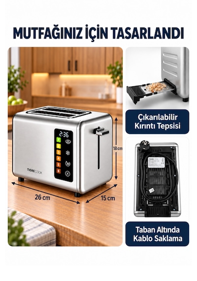 Tıgrecook 2 Dilim Kapasiteli Tost Aparatı Ve Ekmek Isıtma Raflı Dokunmatik Ekmek Kızartma Makinesi