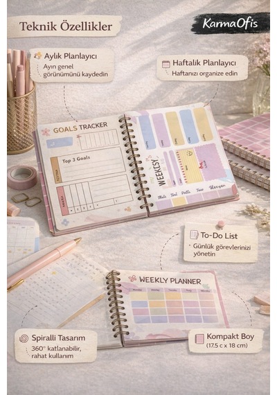 Pembe Kareli Kiraz Desenli Spiralli Tarihsiz Planner Haftalık & Aylık Planlayıcı Defter, 17.5x18 Cm Diğer