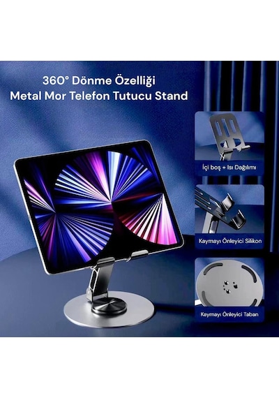 Masaüstü Metal Tablet Ve Telefon Tutucu Stand 360 Döner, Yatay/dikey Kullanım, Dayanıklı Metal Gövde, Ev Ve Ofis İçin Uygun Cep Telefon Tutucu S758 Siyah