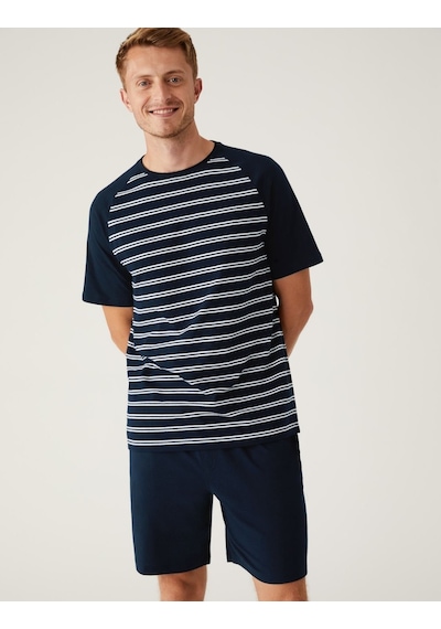 Marks & Spencer Saf Pamuklu Kısa Kollu Pijama Takımı T07000004 Lacivert