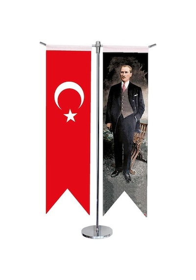 Masa Üstü Kırlangıç Atatürk + Türk Bayrağı + Krom T Direk Masa Ba