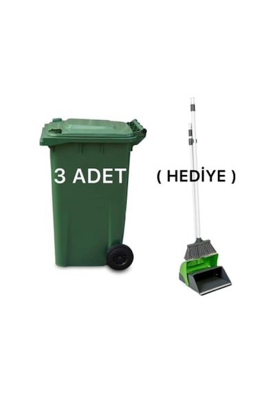 3 Adet Plastik Çöp Konteyneri 240 Lt Isıya Karşı Dayanıklı Kapaklı Faraş Hediyeli Yeşil