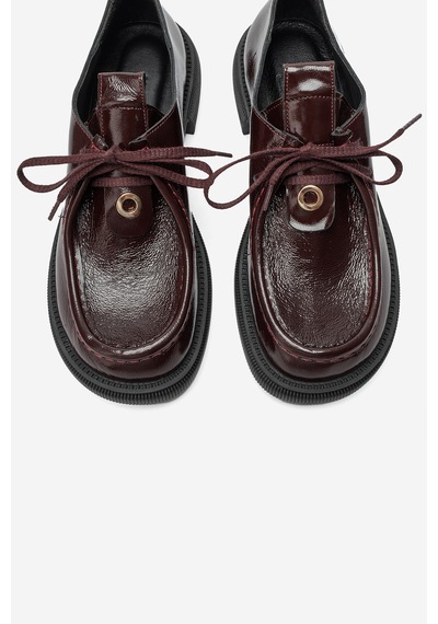 Luvishoes Luvi Shoes Band Bordo Kırışık Rugan Hakiki Deri Bağcıklı Kadın Loafer Ayakkabı Bordo