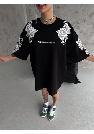 Freedom Storee Kadın Kısa Kol Yazlık Tişört Bisiklet Yaka Baskılı Oversize T-shirt - Siyah Çok Renkli