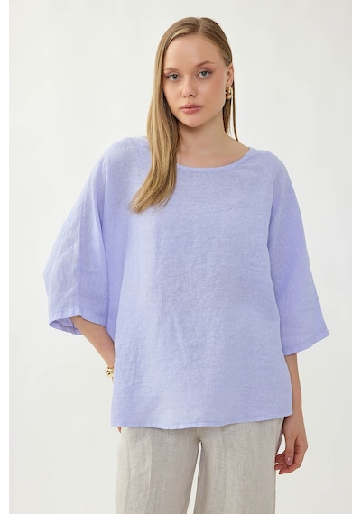 Vitrin %100 Keten Geniş Yaka Oversize Kısa Kol Bluz LİLA