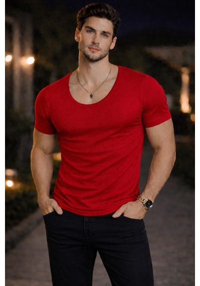 Bybülent Erkek Oval Yaka Tişört Açık Yaka Likralı Slim Fit T-shirt Bordo