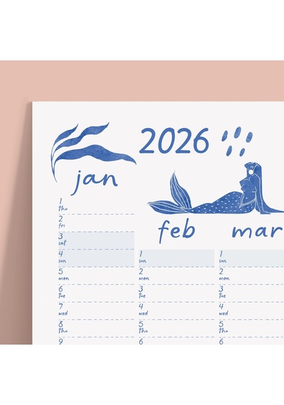 2027 Yıllık Planlayıcı Duvar Takvimi, Deniz Kızı Ve Okyanus Sanatı, Kobalt Mavi Takvim, 2027 Duvar T